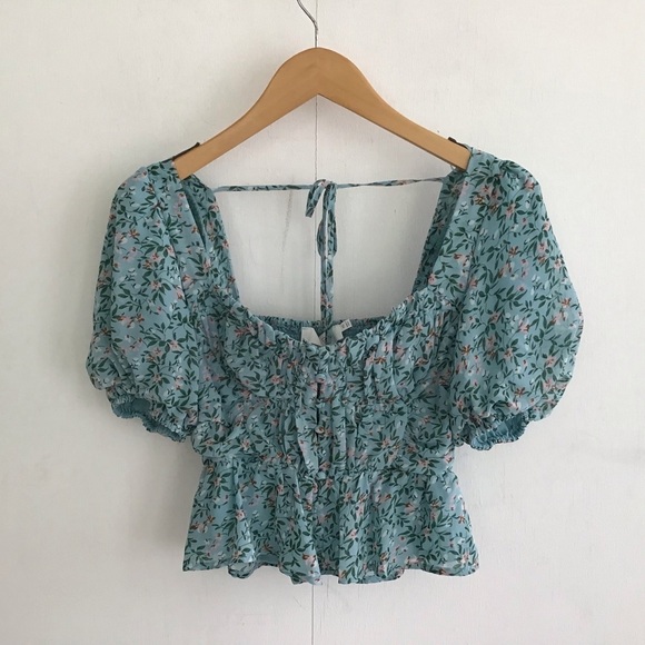 Astr Tops - Astr The Label Clairmont Blue Floral Puff Sleeve corset milkmaid coquette top xs